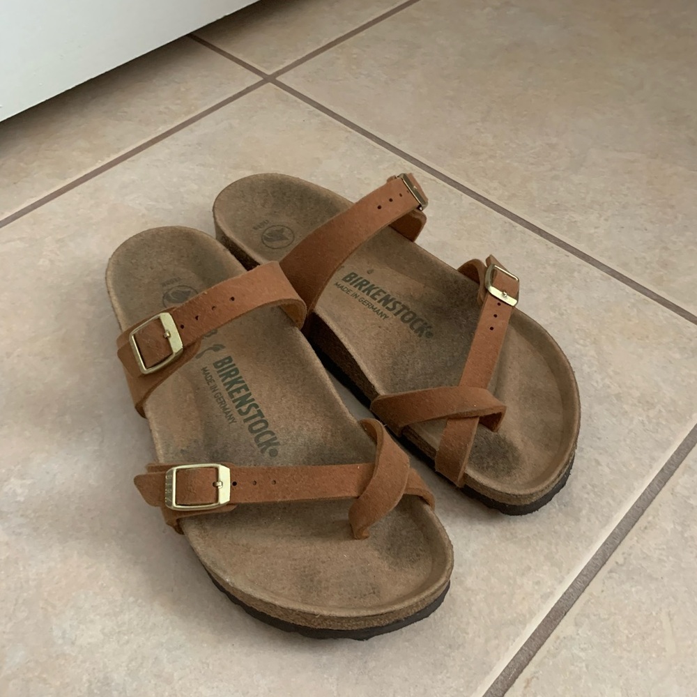 Birkenstock Tan Sandals with Gold Buckles
